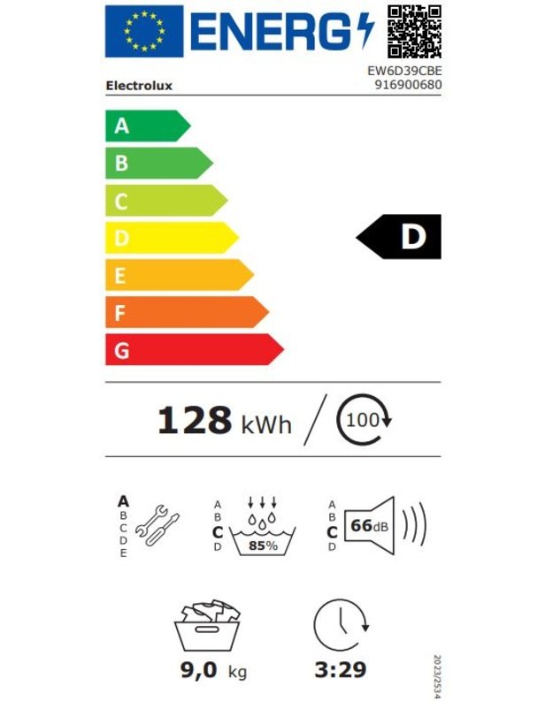 Electrolux EW6D39CBE 600 GentleCare džiovyklė su šilumos siurbliu, 9 kg, D klasė, MixCare, SensiCare
