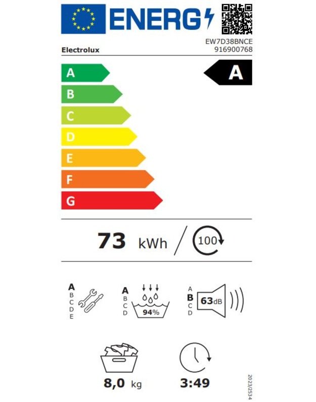 Electrolux EW7D38BNCE 700 DelicateCare džiovyklė su šilumos siurbliu, 8 kg, A klasė, 63 dB, Wi-Fi