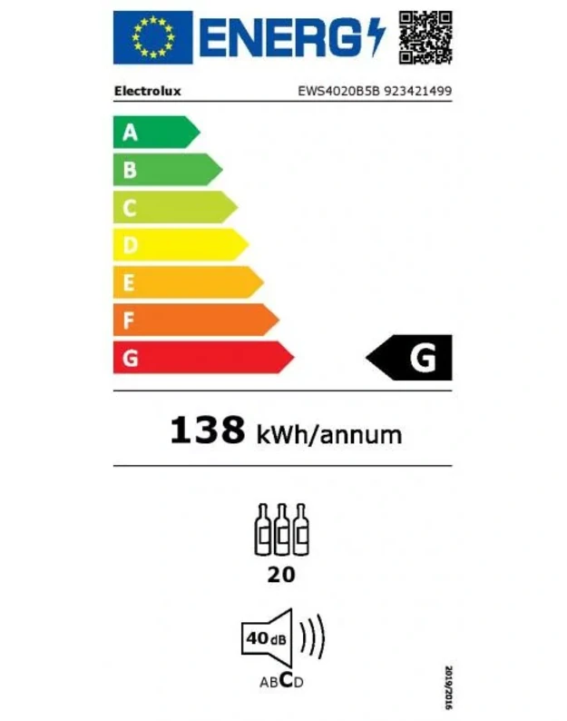 Electrolux EWS4020B5B 500 Cellaring Core įmontuojamas vyno šaldytuvas, 20 butelių, 1 zona, 5–18 °C, 30 cm