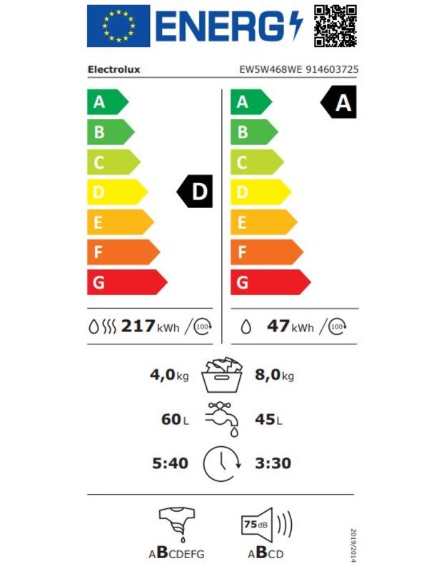 Electrolux EW5W468WE skalbyklė-džiovyklė su garų programa, 8/4 kg, 1600 aps./min., A/D klasė, DualCare®