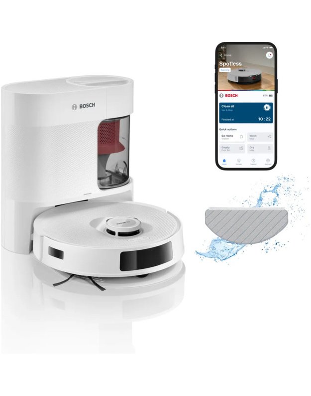 Bosch BCRD2W Spotless Advanced+ robotas siurblys su plovimu, 11 000 Pa, LiDAR, automatinio ištuštinimo stotelė