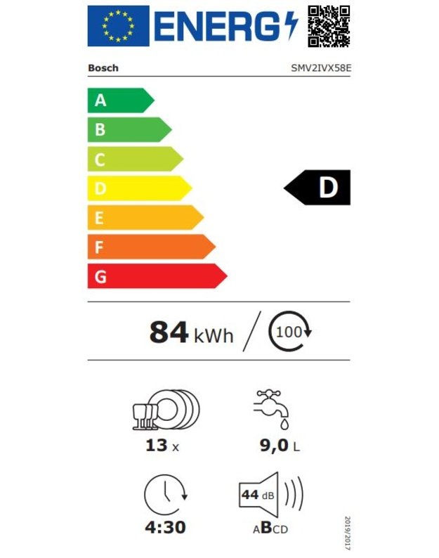 Bosch SMV2IVX58E Serie 2 įmontuojama indaplovė, 13 komplektų, VarioDrawer, ExtraDry, Home Connect, 44 dB, D klasė