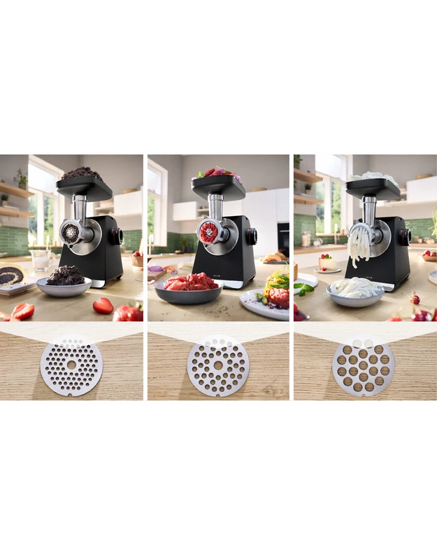 Bosch MFWS660B Serie 6 MultiPower mėsmalė su sulčiaspaude ir tarkavimo priedu, 2100 W, juoda / sidabrinė