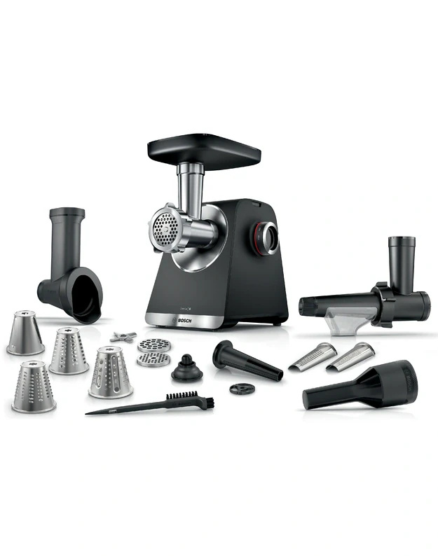 Bosch MFWS660B Serie 6 MultiPower mėsmalė su sulčiaspaude ir tarkavimo priedu, 2100 W, juoda / sidabrinė