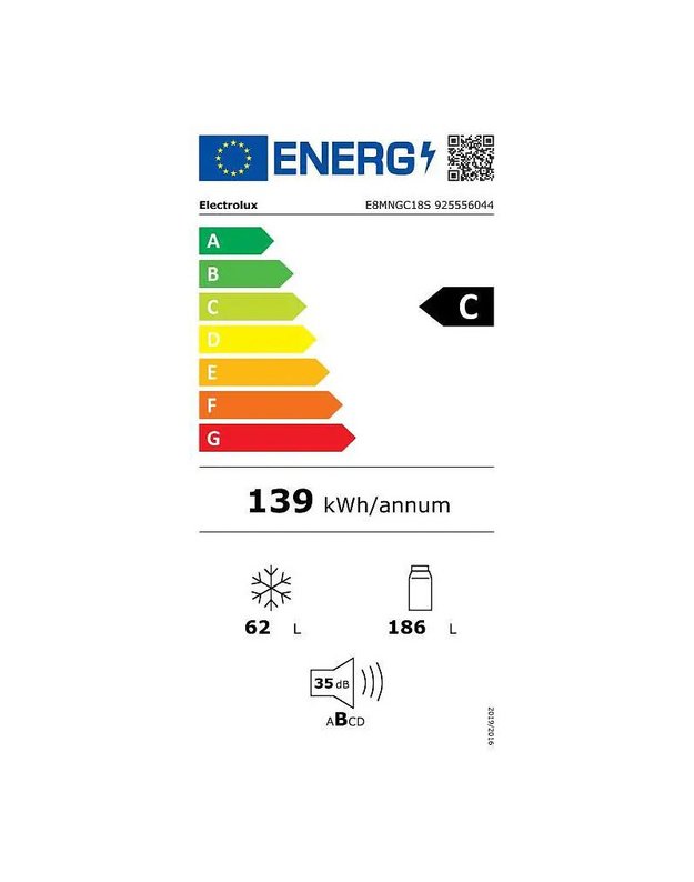 Electrolux E8MNGC18S 800 serijos įmontuojamas šaldytuvas-šaldiklis, 249 l, C klasė, TwinTech® No Frost, GreenZone+