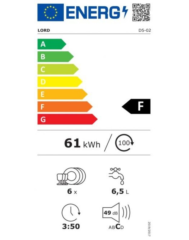 LORD D5-02 stalo indaplovė, 6 indų komplektai, 6 programos, AquaStop, 49 dB, balta