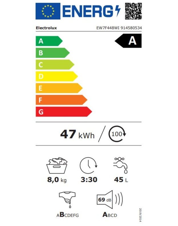 Electrolux 700 SteamCare EW7F448WI įmontuojama skalbyklė, 8 kg, 1400 aps./min., garų programa, A klasė