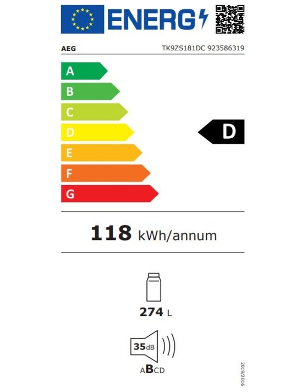AEG TK9ZS181DC 9000 LongFresh įmontuojamas šaldytuvas, 274 l, 0 °C zona, D klasė, MultiFlow, 177 cm