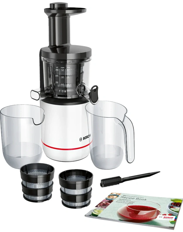 Bosch MESM500W VitaExtract lėtaeigė sulčiaspaudė, 150 W, 55 aps./min., 2 filtrai, balta / juoda