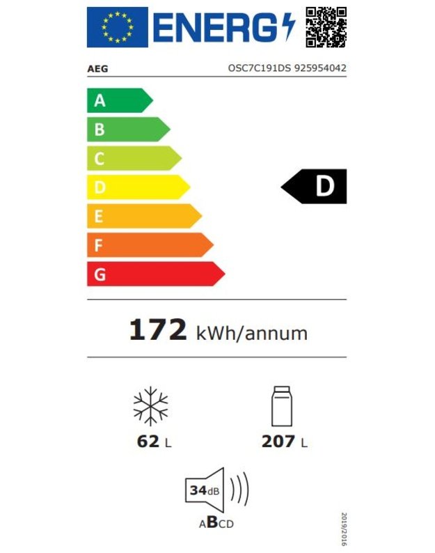 AEG OSC7C191DS 7000 NoFrost CoolAssist® įmontuojamas šaldytuvas su šaldikliu, 269 l, D klasė, 34 dB, 188 cm