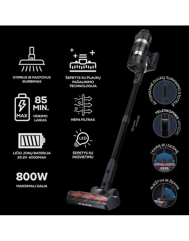 Įkraunamas dulkių siurblys Zyle Evo Max ZYR7VCMAX, su savaiminio išsivalymo stotele, 800 W 5