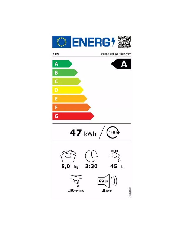 AEG 7000 ProSteam L7FE48SI  įmontuojama skalbyklė, 8 kg, 1400 aps./min., garų programa, A klasė