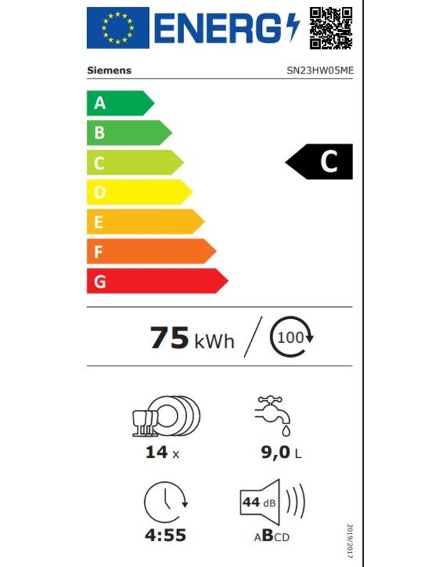 Siemens SN23HW05ME iQ300 laisvai pastatoma indaplovė, 60 cm, 14 komplektų, C klasė, Home Connect, balta