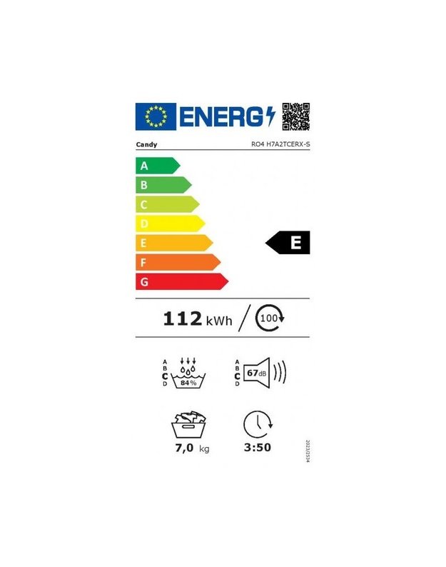 Candy H7A2TCERX-S RapidÓ džiovyklė su šilumos siurbliu, 7 kg, E klasė, Wi-Fi, siaura 48,6 cm