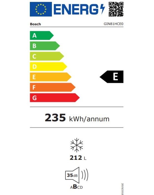 Bosch GIN81HCE0 Serie 8 įmontuojamas šaldiklis, 212 l, NoFrost, Home Connect, 177 cm