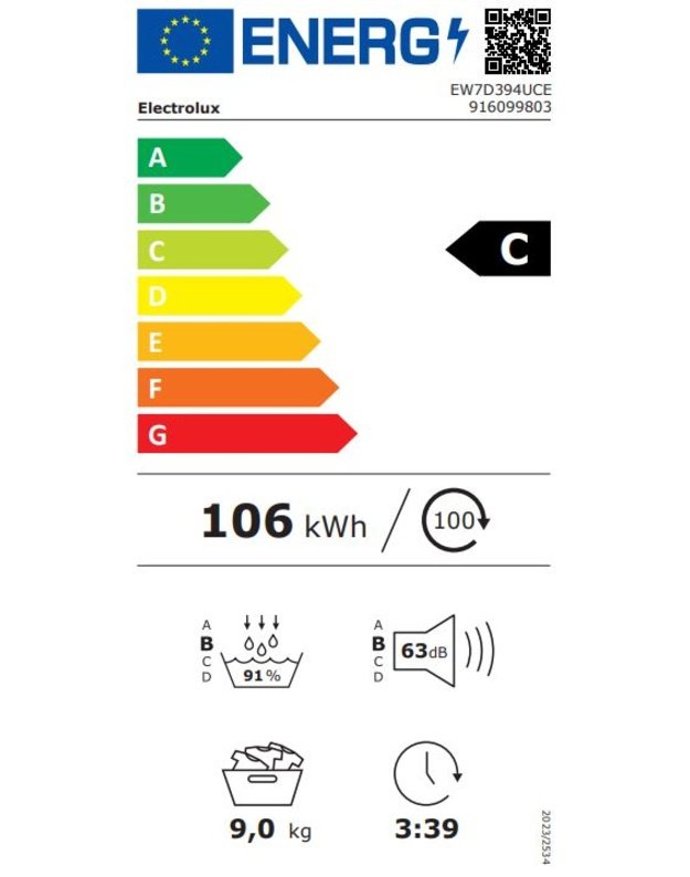 Electrolux EW7D394UCE 700 DelicateCare džiovyklė su šilumos siurbliu, 9 kg, C klasė, 63 dB