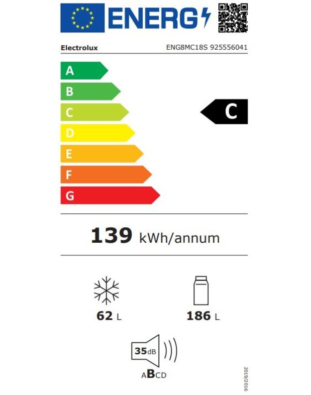 Electrolux ENG8MC18S 800 GreenZone+ įmontuojamas šaldytuvas su šaldikliu, 249 l, C klasė, TwinTech No Frost, 35 dB