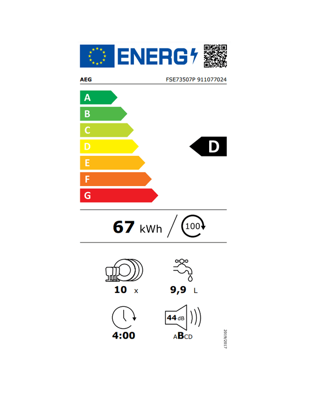 AEG FSE73507P 7000 GlassCare įmontuojama indaplovė, 45 cm, 10 komplektų, D klasė, 44 dB, SatelliteClean®, AirDry