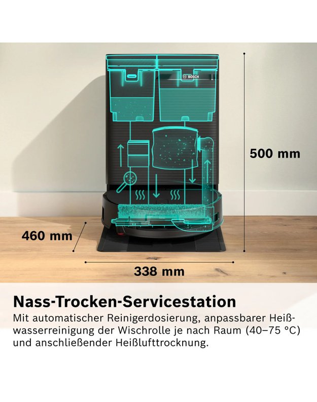 Bosch BCR2P2BXAB Spotless 2 Advanced+ robotas siurblys, 30 000 Pa, plovimo funkcija, Dry-Wet stotelė, Home Connect
