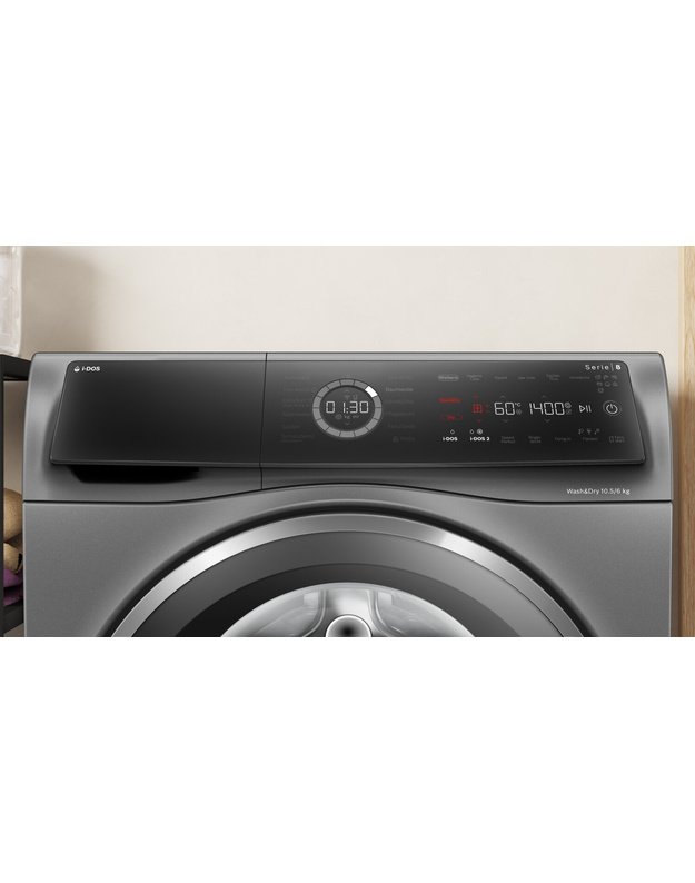 Bosch WNC254AS0 Serie 8 skalbyklė-džiovyklė, 10,5/6 kg, 1400 aps./min., i-DOS, Iron Assist, Home Connect, pilka