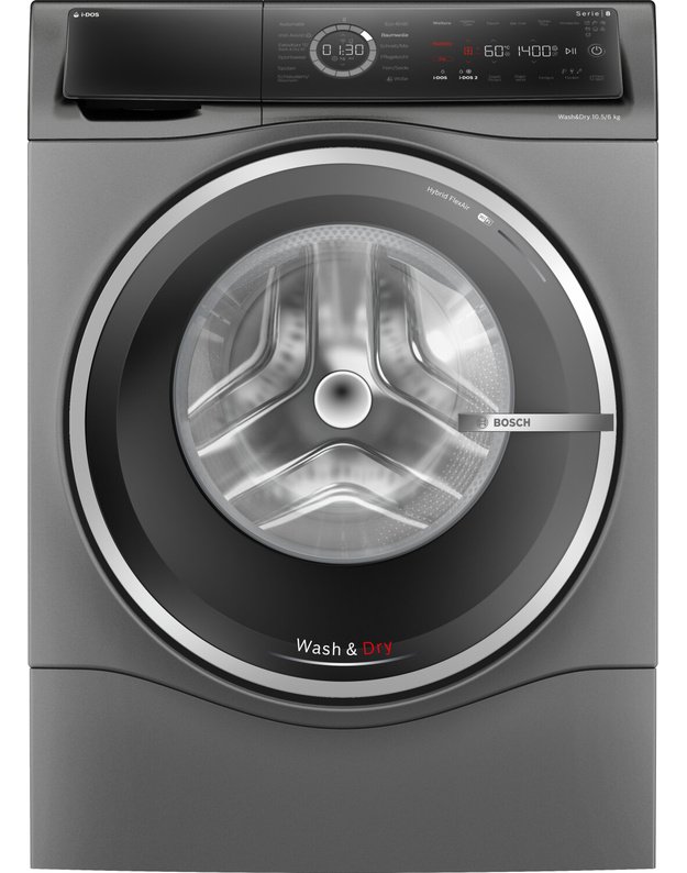 Bosch WNC254AS0 Serie 8 skalbyklė-džiovyklė, 10,5/6 kg, 1400 aps./min., i-DOS, Iron Assist, Home Connect, pilka