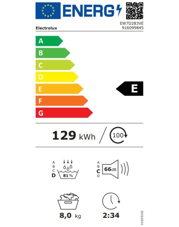 Electrolux EW7D283VE 700 DelicateCare džiovyklė su šilumos siurbliu, 8 kg, E klasė, 66 dB