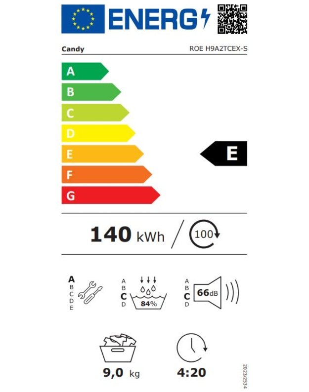 Candy ROE H9A2TCEX-S RapidÓ džiovyklė su šilumos siurbliu, 9 kg, E klasė, Wi-Fi, EasyCase