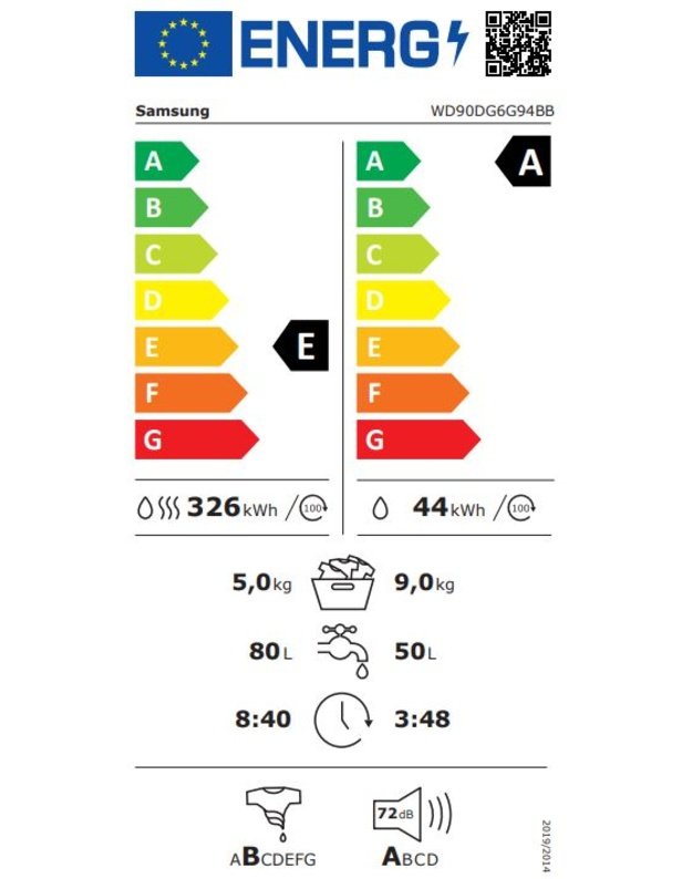 Samsung WD90DG6G94BKU4 skalbyklė-džiovyklė, 9/5 kg, 1400 aps./min., AI Wash, AI Ecobubble™, Auto Dispense, SmartThings