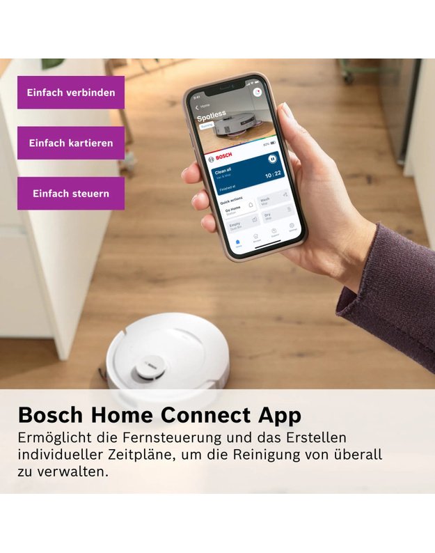 Bosch BCR2S1WAB Spotless 2 robotas siurblys, 25 000 Pa, grindų plovimas, Wet & Dry stotelė, Home Connect