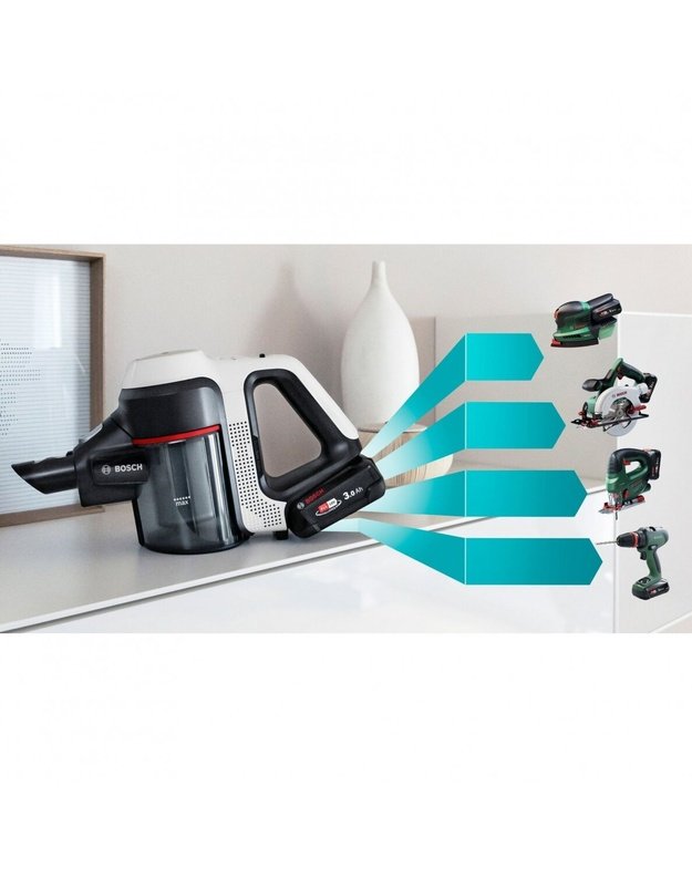Bosch BBS711W Unlimited 7 belaidis dulkių siurblys, 18 V, 3,0 Ah, iki 40 min., Flex Tube, baltas