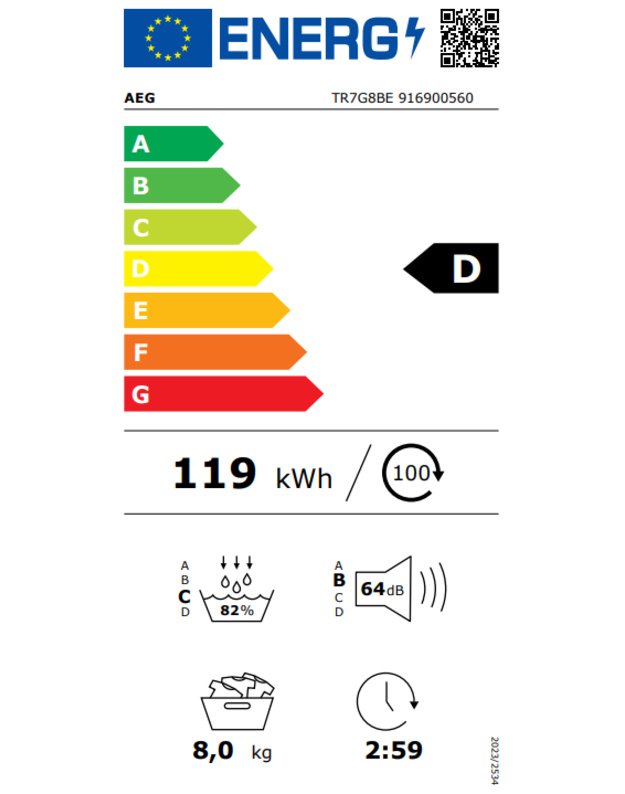AEG TR7G8BE 7000 SensiDry® džiovyklė su šilumos siurbliu, 8 kg, D klasė, SpeedDry, MixDry