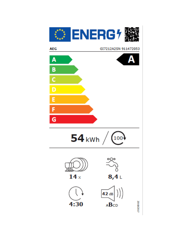 AEG GI7212A2SN 7000 WaterSavings įmontuojama indaplovė, 60 cm, 14 komplektų, A klasė, 42 dB, AquaSave, Wi-Fi