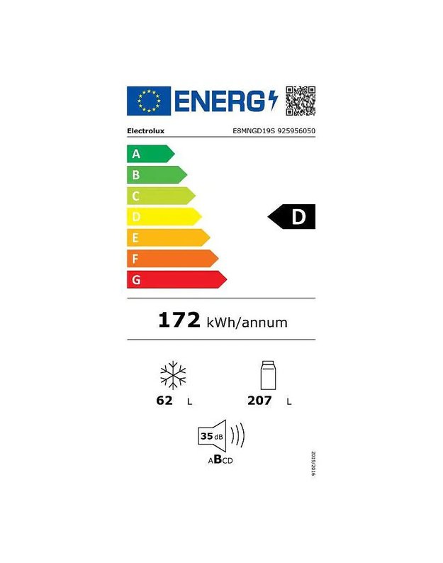 Electrolux E8MNGD19S 800 serijos įmontuojamas šaldytuvas su šaldikliu, 188 cm, 253 l, TwinTech® No Frost, GreenZone+, D klasė