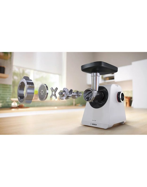 Bosch MFWS420W Serie 4 MultiPower mėsmalė, 1900 W variklio bloko galia, 2,5 kg/min., 2 greičiai + reversas, balta