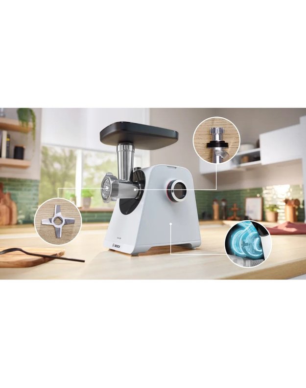 Bosch MFWS420W Serie 4 MultiPower mėsmalė, 1900 W variklio bloko galia, 2,5 kg/min., 2 greičiai + reversas, balta