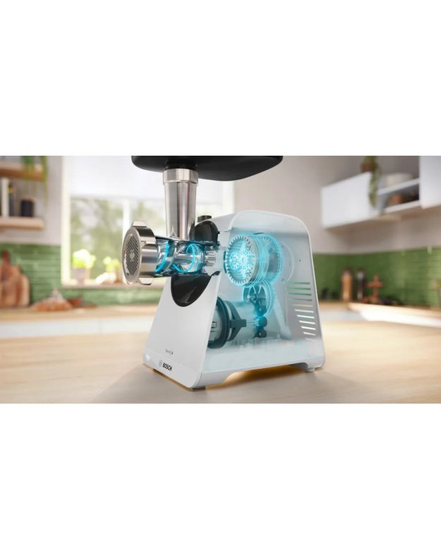 Bosch MFWS420W Serie 4 MultiPower mėsmalė, 1900 W variklio bloko galia, 2,5 kg/min., 2 greičiai + reversas, balta